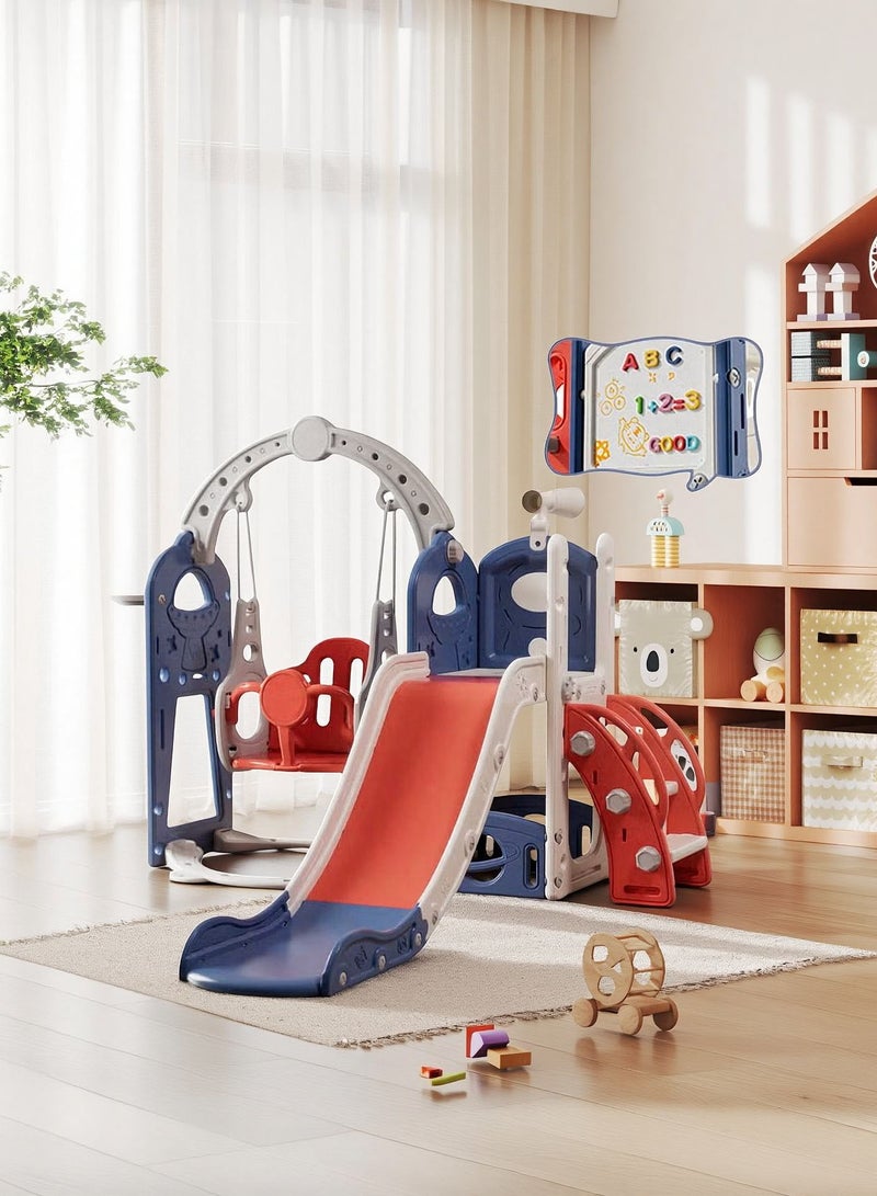 FAMAPY 7-in-1 Kids Slide and Swing Set with Drawing Board，Indoor/Outdoor Toddler Climber Playground with Basketball Hoop, Storage & Telescope - Image 1